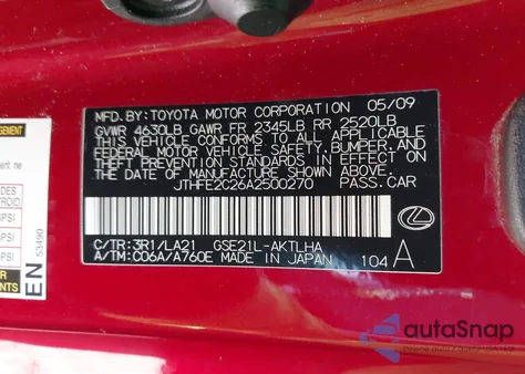 2010 Lexus Is 350C from USA, damaged, VIN JTHFE2C26A2500270
